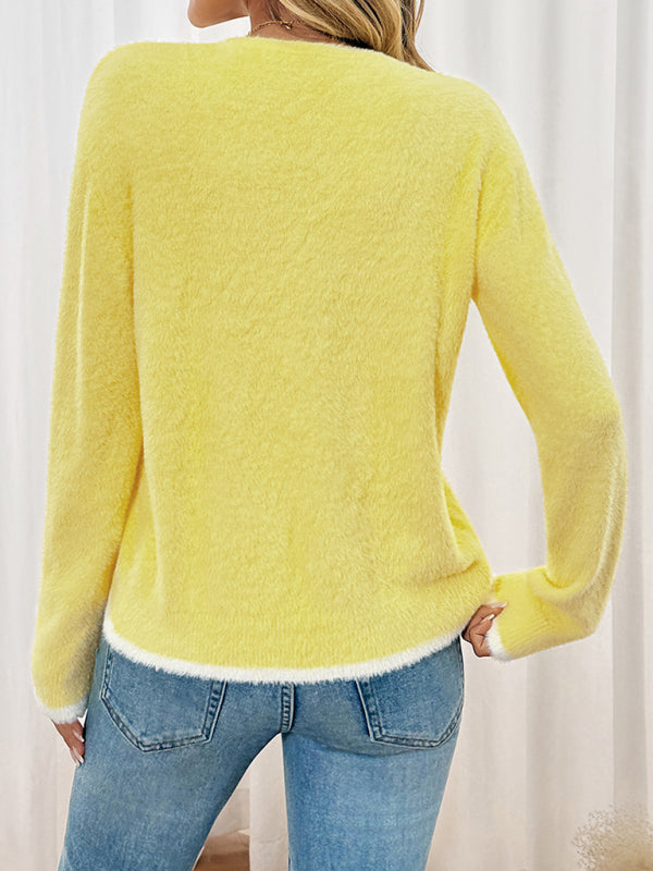 Colorblock V-neck bow cardigan sweater jacket
