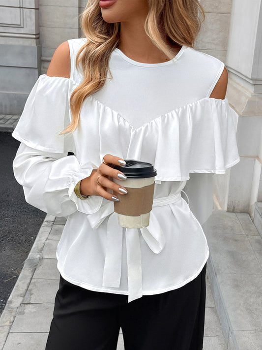 New elegant long-sleeved ruffled off-shoulder tie round neck shirt-[Adult]-[Female]-White-S-2022 Online Blue Zone Planet