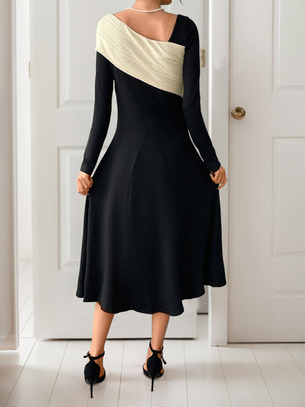 Elegant midi skirt irregular color block long sleeve dress-TOPS / DRESSES-[Adult]-[Female]-2022 Online Blue Zone Planet