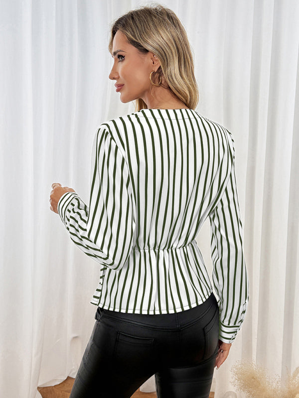 New Casual Tops Long Sleeve Waist Striped Splicing V-Neck Shirt-[Adult]-[Female]-2022 Online Blue Zone Planet