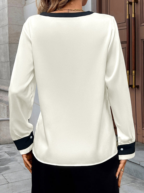 Pearl Button Deep V-Neck Colorblock Single-Breasted Shirt-[Adult]-[Female]-2022 Online Blue Zone Planet
