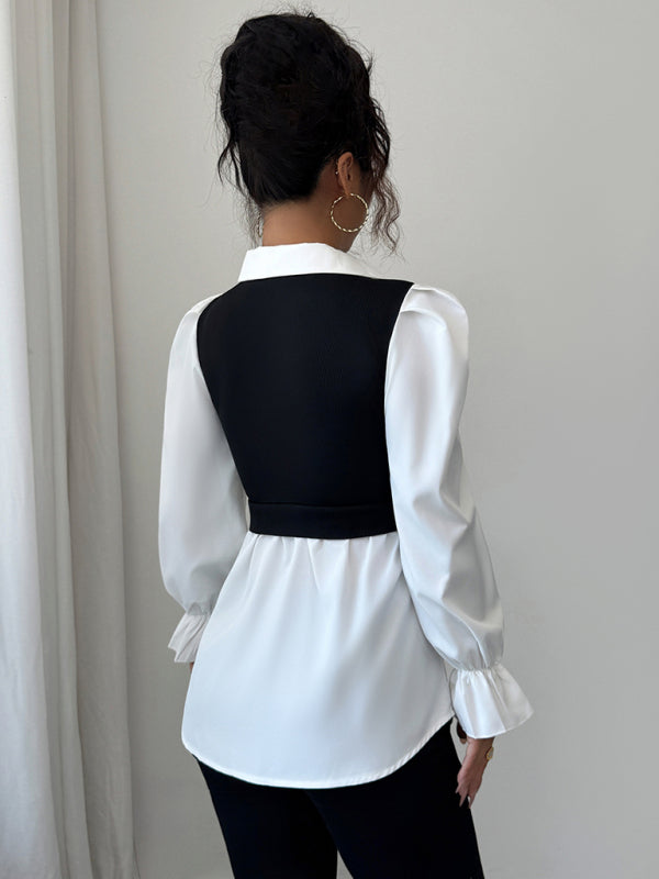 Long-Sleeved Waist-Hugging Striped V-Neck Shirt-[Adult]-[Female]-2022 Online Blue Zone Planet