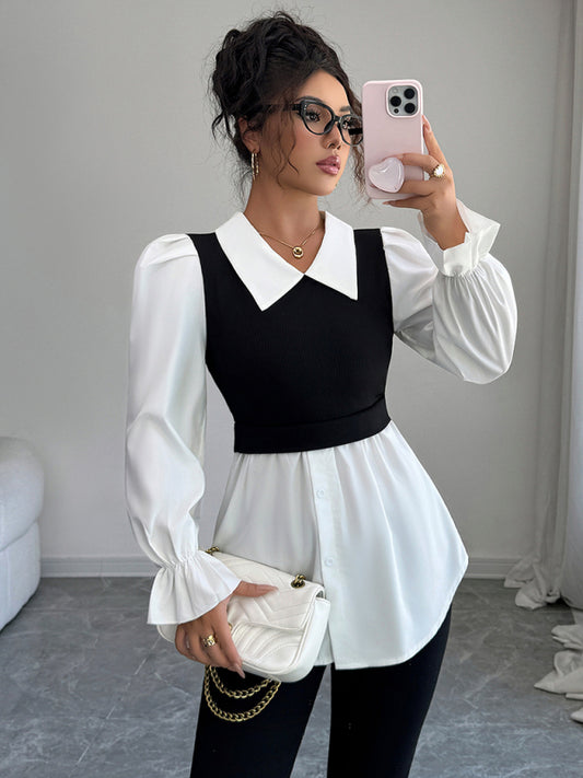 Long-Sleeved Waist-Hugging Striped V-Neck Shirt-[Adult]-[Female]-Black-S-2022 Online Blue Zone Planet