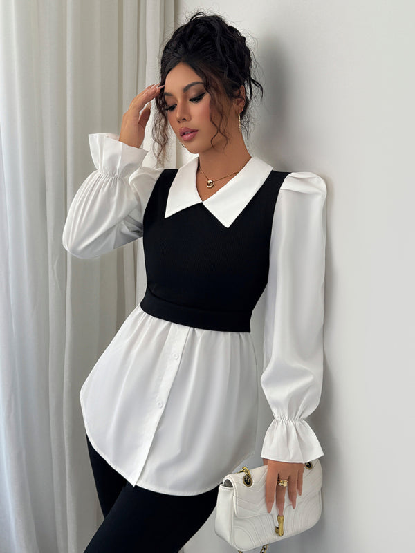 Long-Sleeved Waist-Hugging Striped V-Neck Shirt-[Adult]-[Female]-2022 Online Blue Zone Planet