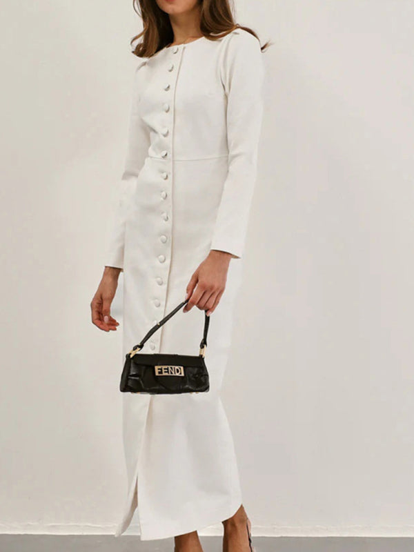 Elegant single-breasted white long-sleeved dress-TOPS / DRESSES-[Adult]-[Female]-2022 Online Blue Zone Planet