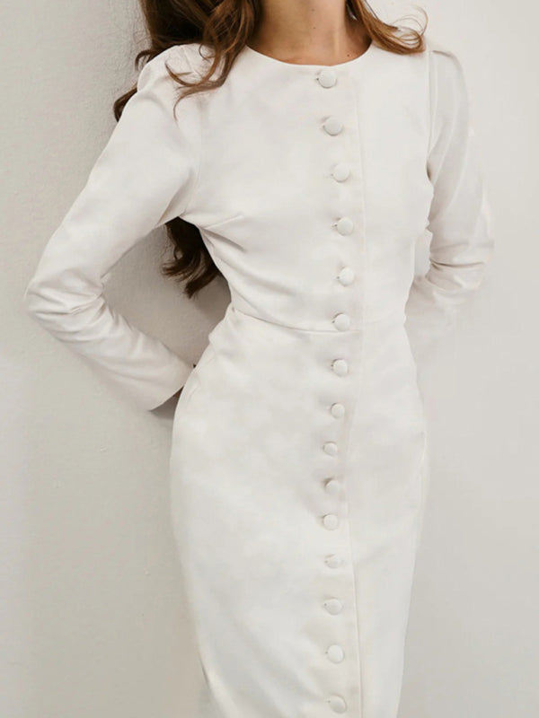 Elegant single-breasted white long-sleeved dress-TOPS / DRESSES-[Adult]-[Female]-2022 Online Blue Zone Planet