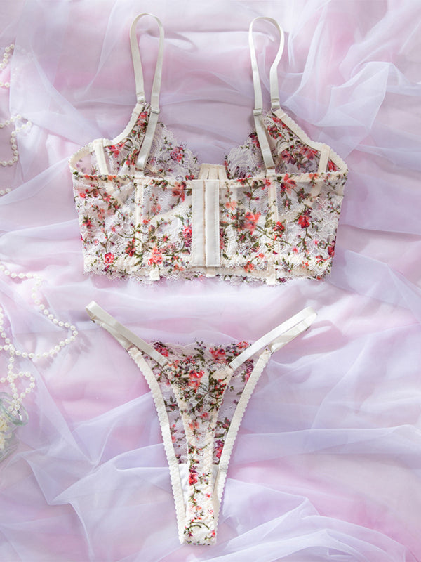 Country style hot-selling sexy lingerie set with lace print camisole, boning, comfortable and breathable, push-up design-[Adult]-[Female]-2022 Online Blue Zone Planet