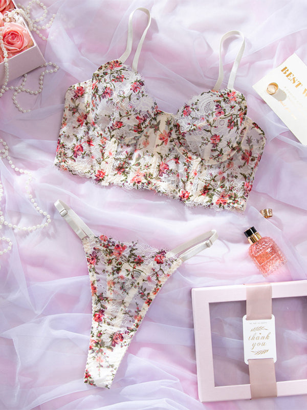 Country style hot-selling sexy lingerie set with lace print camisole, boning, comfortable and breathable, push-up design-[Adult]-[Female]-2022 Online Blue Zone Planet