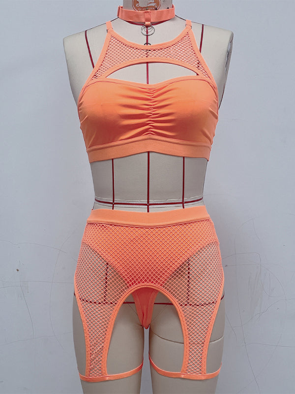 Sexy Lingerie Set with Black Mesh Panels-[Adult]-[Female]-Orange-S-2022 Online Blue Zone Planet