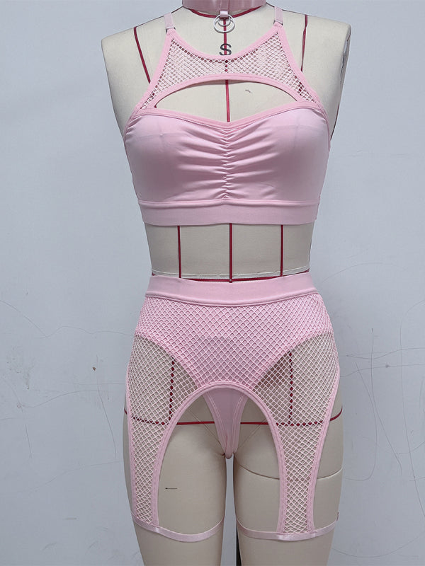 Sexy Lingerie Set with Black Mesh Panels-[Adult]-[Female]-Pink-S-2022 Online Blue Zone Planet