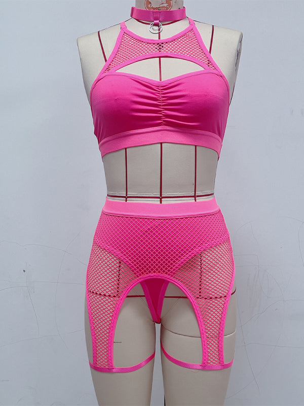 Sexy Lingerie Set with Black Mesh Panels-[Adult]-[Female]-Rose-S-2022 Online Blue Zone Planet