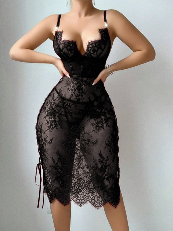 Red Lace Hollow-Out Sexy Bodycon Lingerie Dress-[Adult]-[Female]-Black-S-2022 Online Blue Zone Planet