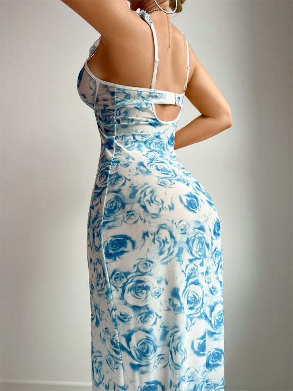 New women's floral print halter dress with slit, sexy lingerie-[Adult]-[Female]-2022 Online Blue Zone Planet