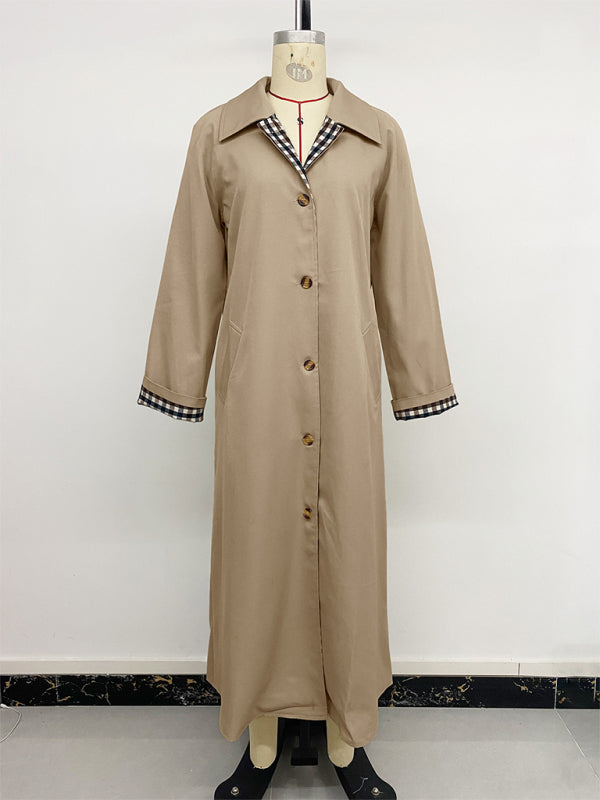 New commuter trench coat, long, plaid patchwork lapel trench coat jacket-[Adult]-[Female]-2022 Online Blue Zone Planet