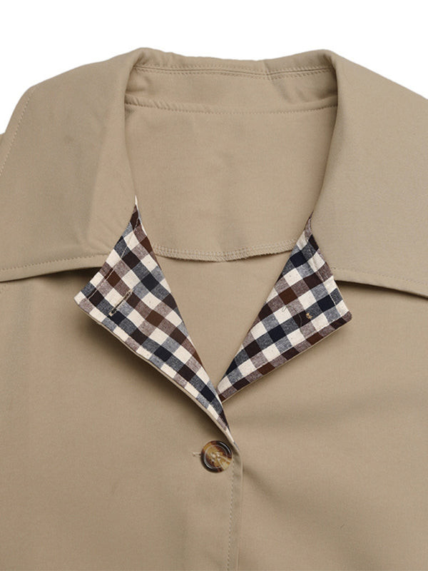 New commuter trench coat, long, plaid patchwork lapel trench coat jacket-[Adult]-[Female]-2022 Online Blue Zone Planet