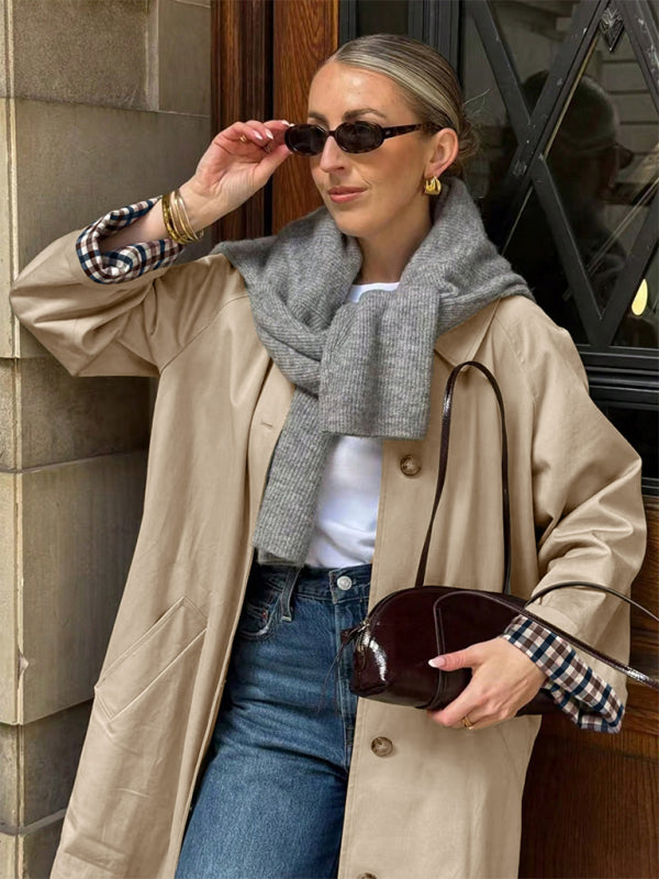 New commuter trench coat, long, plaid patchwork lapel trench coat jacket-[Adult]-[Female]-Khaki-S-2022 Online Blue Zone Planet