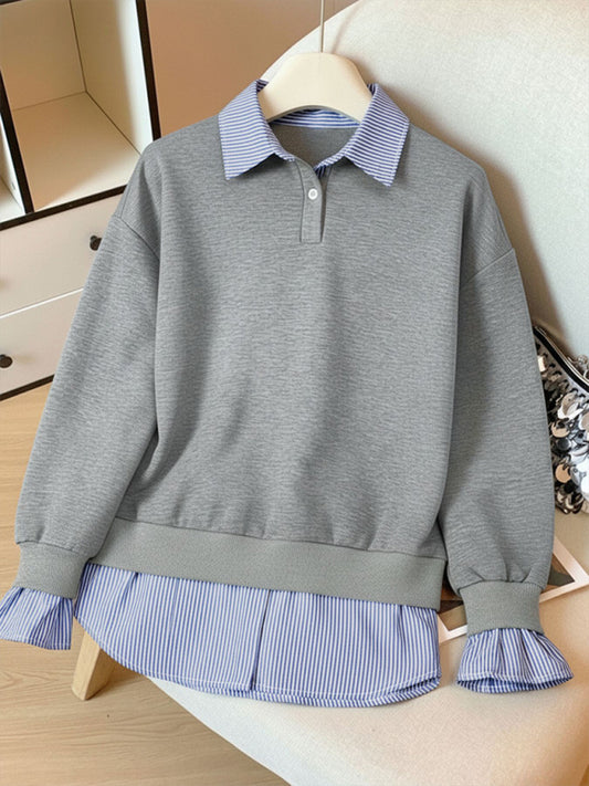 New casual preppy style collared striped faux two-piece sweatshirt-[Adult]-[Female]-Grey-S-2022 Online Blue Zone Planet