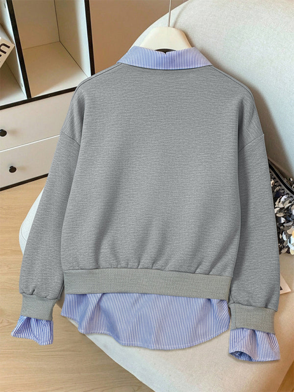 New casual preppy style collared striped faux two-piece sweatshirt-[Adult]-[Female]-2022 Online Blue Zone Planet