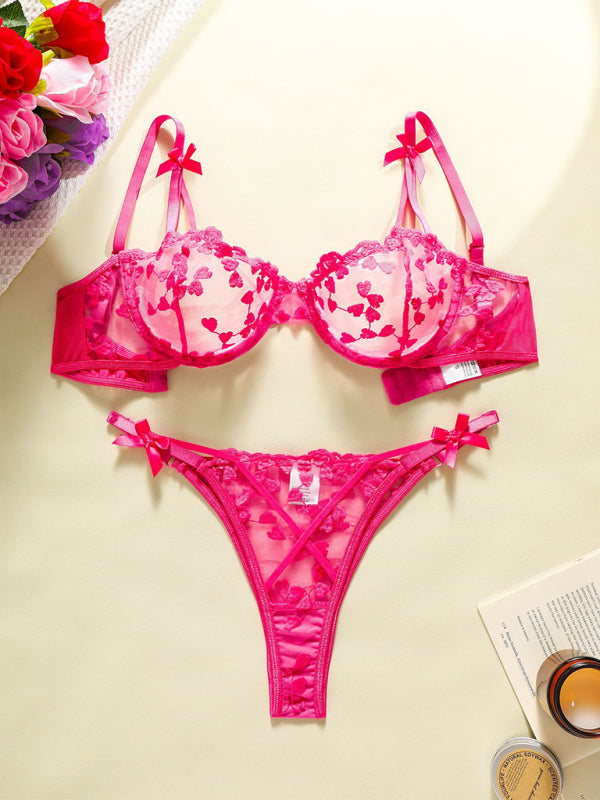 Heart-embroidered mesh see-through bow sexy lingerie two-piece set-[Adult]-[Female]-Hot pink-XS-2022 Online Blue Zone Planet