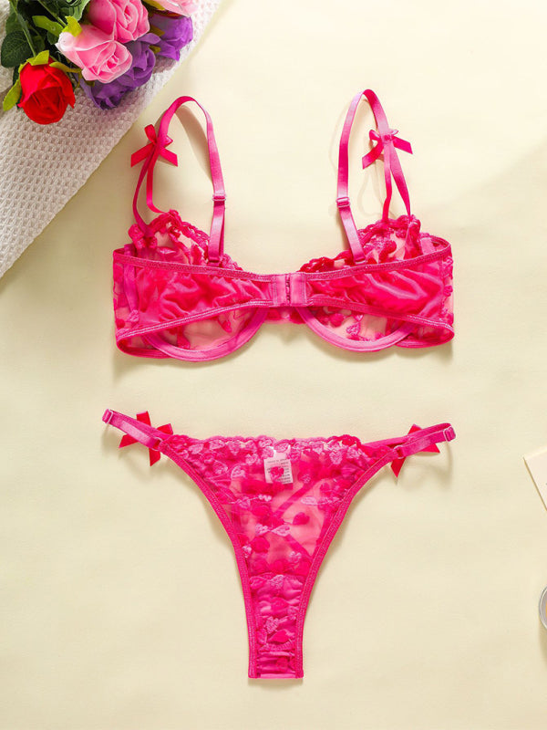 Heart-embroidered mesh see-through bow sexy lingerie two-piece set-[Adult]-[Female]-2022 Online Blue Zone Planet