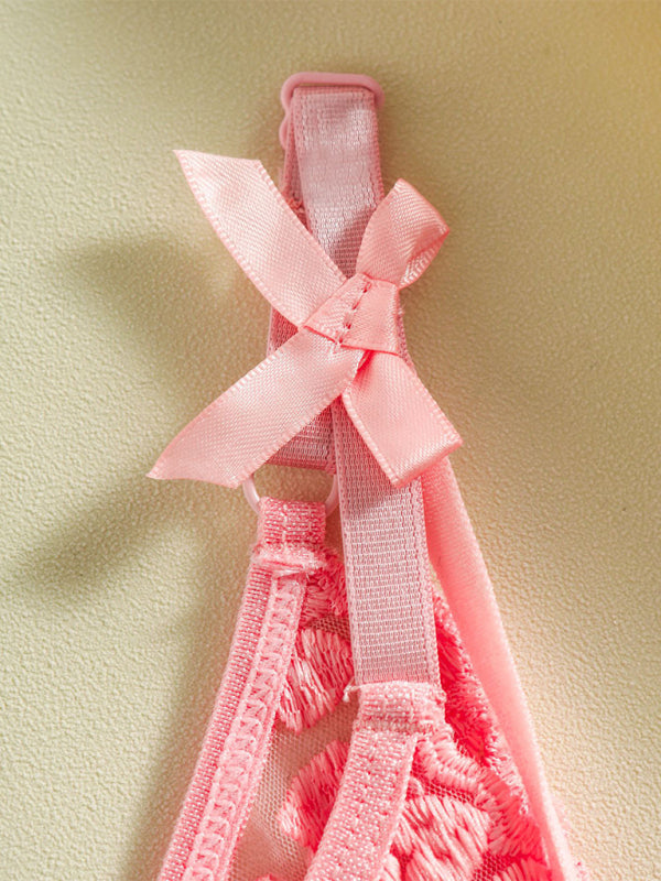 Heart-embroidered mesh see-through bow sexy lingerie two-piece set-[Adult]-[Female]-2022 Online Blue Zone Planet