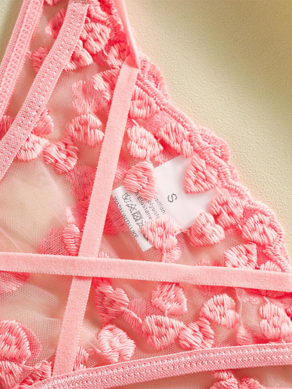 Heart-embroidered mesh see-through bow sexy lingerie two-piece set-[Adult]-[Female]-2022 Online Blue Zone Planet