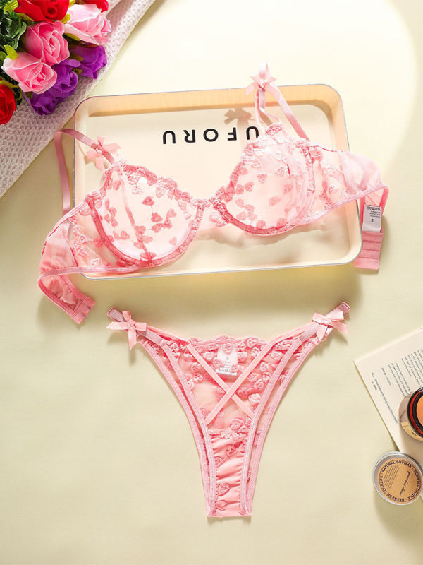 Heart-embroidered mesh see-through bow sexy lingerie two-piece set-[Adult]-[Female]-Pink-XS-2022 Online Blue Zone Planet