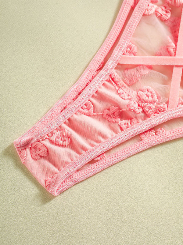 Heart-embroidered mesh see-through bow sexy lingerie two-piece set-[Adult]-[Female]-2022 Online Blue Zone Planet