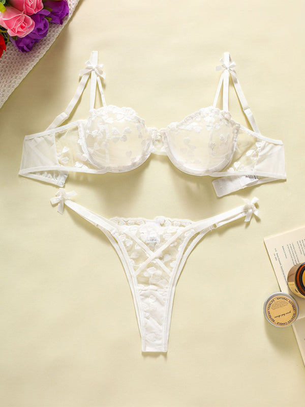 Heart-embroidered mesh see-through bow sexy lingerie two-piece set-[Adult]-[Female]-White-XS-2022 Online Blue Zone Planet