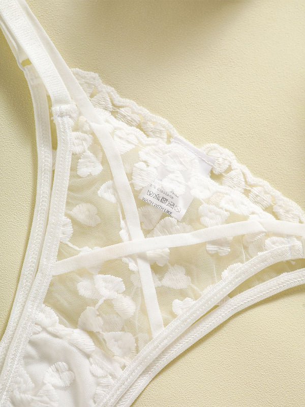 Heart-embroidered mesh see-through bow sexy lingerie two-piece set-[Adult]-[Female]-2022 Online Blue Zone Planet