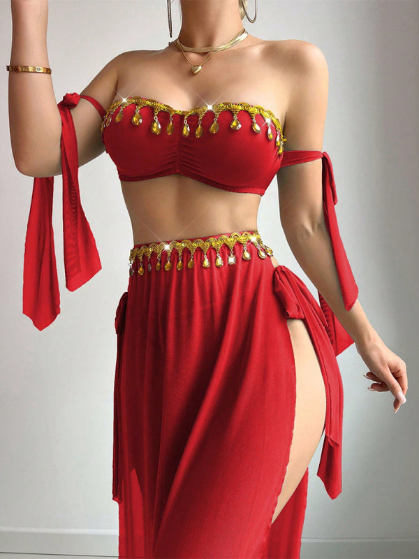 Sexy Mesh Gold Leaf Tassel Bra with High Slit Long Skirt Lingerie Set-[Adult]-[Female]-Red-S-2022 Online Blue Zone Planet