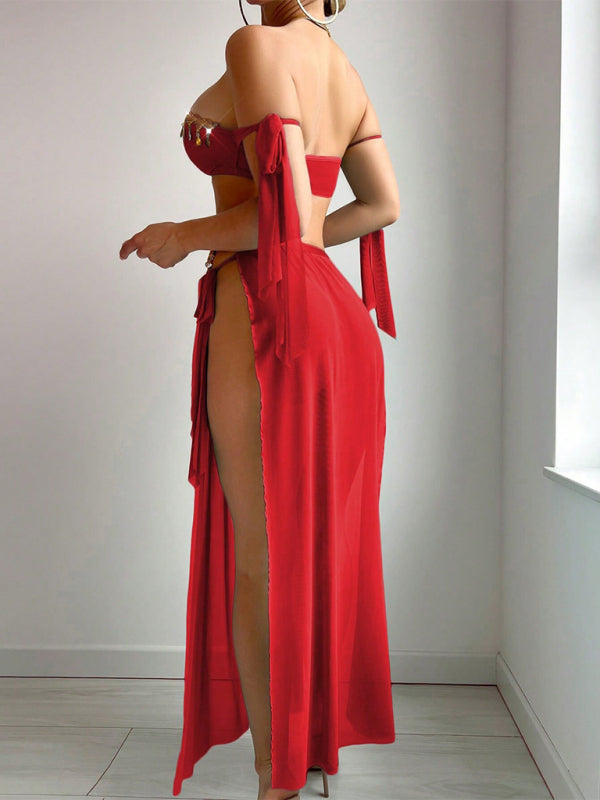 Sexy Mesh Gold Leaf Tassel Bra with High Slit Long Skirt Lingerie Set-[Adult]-[Female]-2022 Online Blue Zone Planet