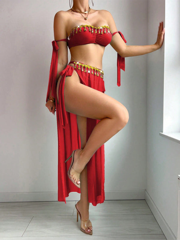 Sexy Mesh Gold Leaf Tassel Bra with High Slit Long Skirt Lingerie Set-[Adult]-[Female]-2022 Online Blue Zone Planet