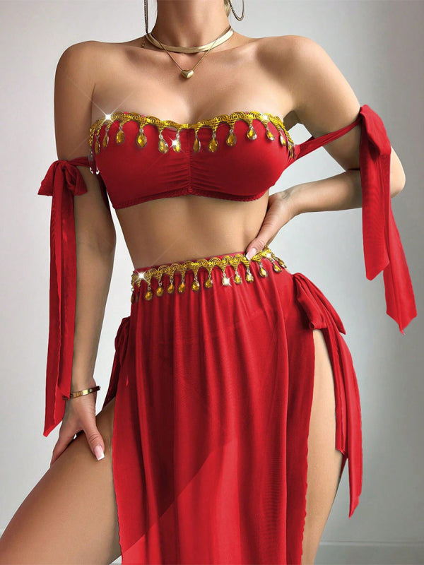 Sexy Mesh Gold Leaf Tassel Bra with High Slit Long Skirt Lingerie Set-[Adult]-[Female]-2022 Online Blue Zone Planet