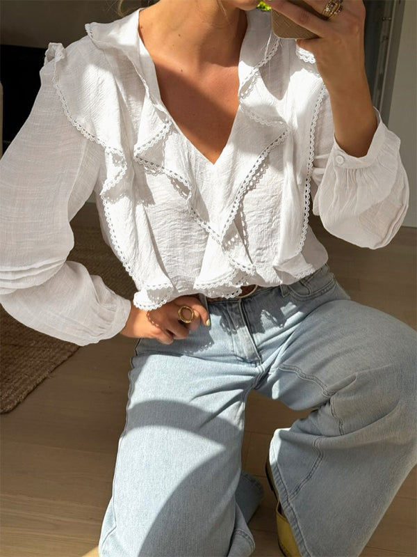 New French country style white lace ruffle V-neck shirt-[Adult]-[Female]-2022 Online Blue Zone Planet