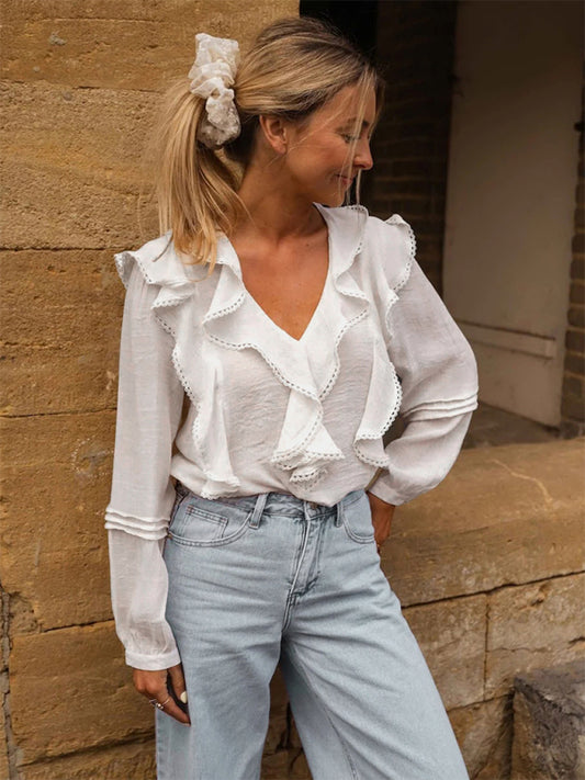 New French country style white lace ruffle V-neck shirt-[Adult]-[Female]-White-S-2022 Online Blue Zone Planet