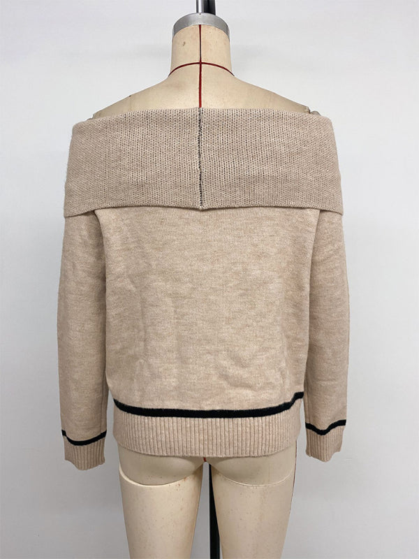 New elegant diamond-pattern jacquard off-shoulder loose sweater-TOPS / DRESSES-[Adult]-[Female]-2022 Online Blue Zone Planet