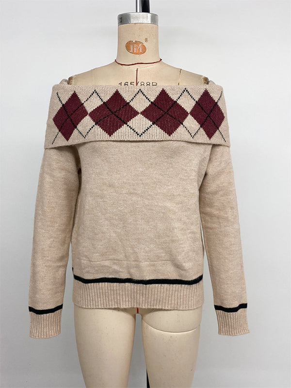 New elegant diamond-pattern jacquard off-shoulder loose sweater-TOPS / DRESSES-[Adult]-[Female]-2022 Online Blue Zone Planet