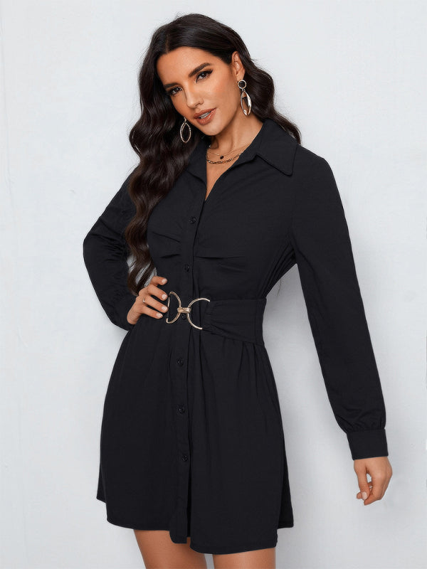 New Commuter Style Shirt Dress, Single-Breasted Long-Sleeve Collared Dress-[Adult]-[Female]-Black-S-2022 Online Blue Zone Planet