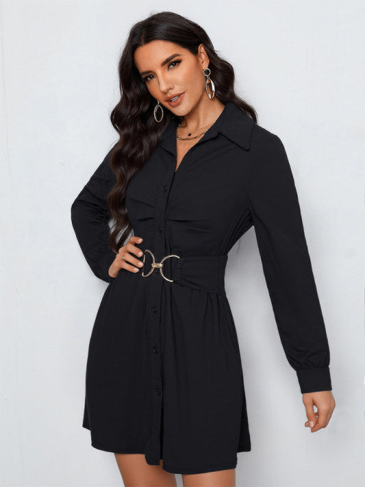 New Commuter Style Shirt Dress, Single-Breasted Long-Sleeve Collared Dress-[Adult]-[Female]-Black-S-2022 Online Blue Zone Planet