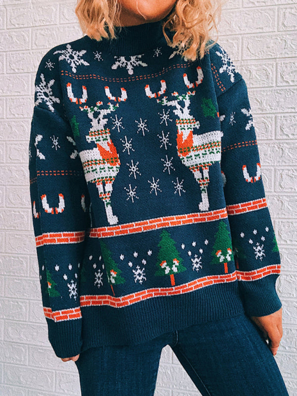 Women's Christmas Themed Elk Snowflake Christmas Tree Knit Sweater Sweater-[Adult]-[Female]-2022 Online Blue Zone Planet