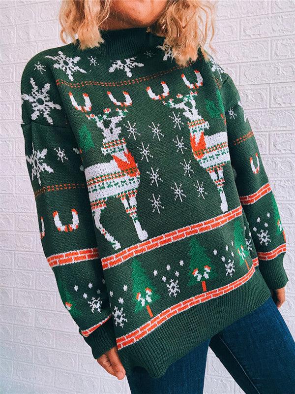 Women's Christmas Themed Elk Snowflake Christmas Tree Knit Sweater Sweater-[Adult]-[Female]-2022 Online Blue Zone Planet