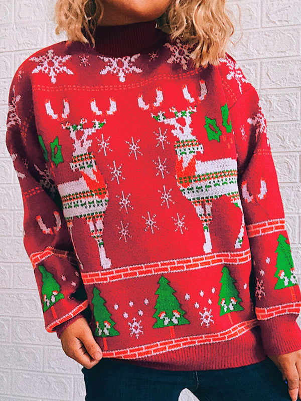 Women's Christmas Themed Elk Snowflake Christmas Tree Knit Sweater Sweater-[Adult]-[Female]-2022 Online Blue Zone Planet