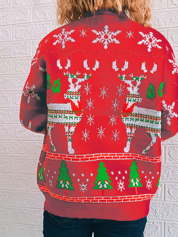 Women's Christmas Themed Elk Snowflake Christmas Tree Knit Sweater Sweater-[Adult]-[Female]-2022 Online Blue Zone Planet