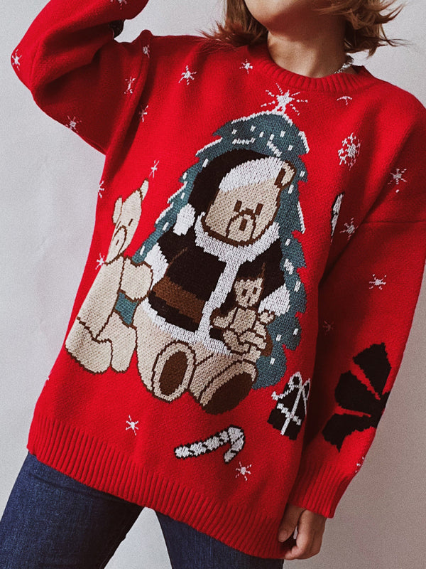 Women's Christmas Sweater Loose Thickened Christmas Bear Round Neck Long Sleeve Bottoming Sweater-[Adult]-[Female]-2022 Online Blue Zone Planet