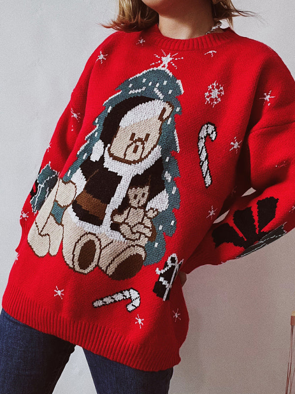 Women's Christmas Sweater Loose Thickened Christmas Bear Round Neck Long Sleeve Bottoming Sweater-[Adult]-[Female]-Red-S-2022 Online Blue Zone Planet