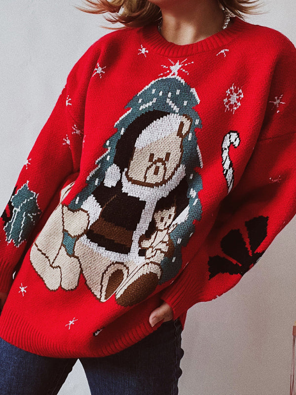 Women's Christmas Sweater Loose Thickened Christmas Bear Round Neck Long Sleeve Bottoming Sweater-[Adult]-[Female]-2022 Online Blue Zone Planet