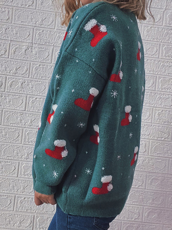 Women's Round Neck Long Sleeve Christmas Sweater Christmas Socks Jacquard Thickened Pullover-[Adult]-[Female]-2022 Online Blue Zone Planet