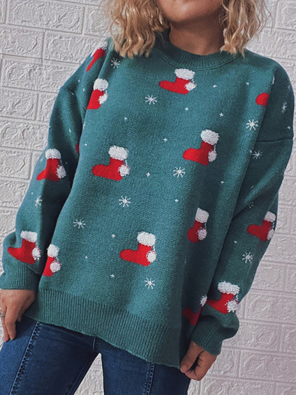 Women's Round Neck Long Sleeve Christmas Sweater Christmas Socks Jacquard Thickened Pullover-[Adult]-[Female]-Green-S-2022 Online Blue Zone Planet