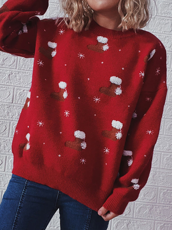 Women's Round Neck Long Sleeve Christmas Sweater Christmas Socks Jacquard Thickened Pullover-[Adult]-[Female]-2022 Online Blue Zone Planet